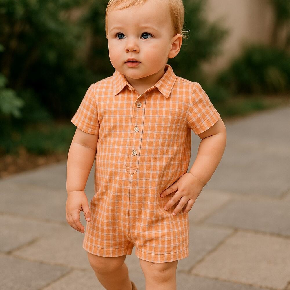 Kidsembles Boys Romper Size 0-6 Months Orange Peach Plaid Preppy‎